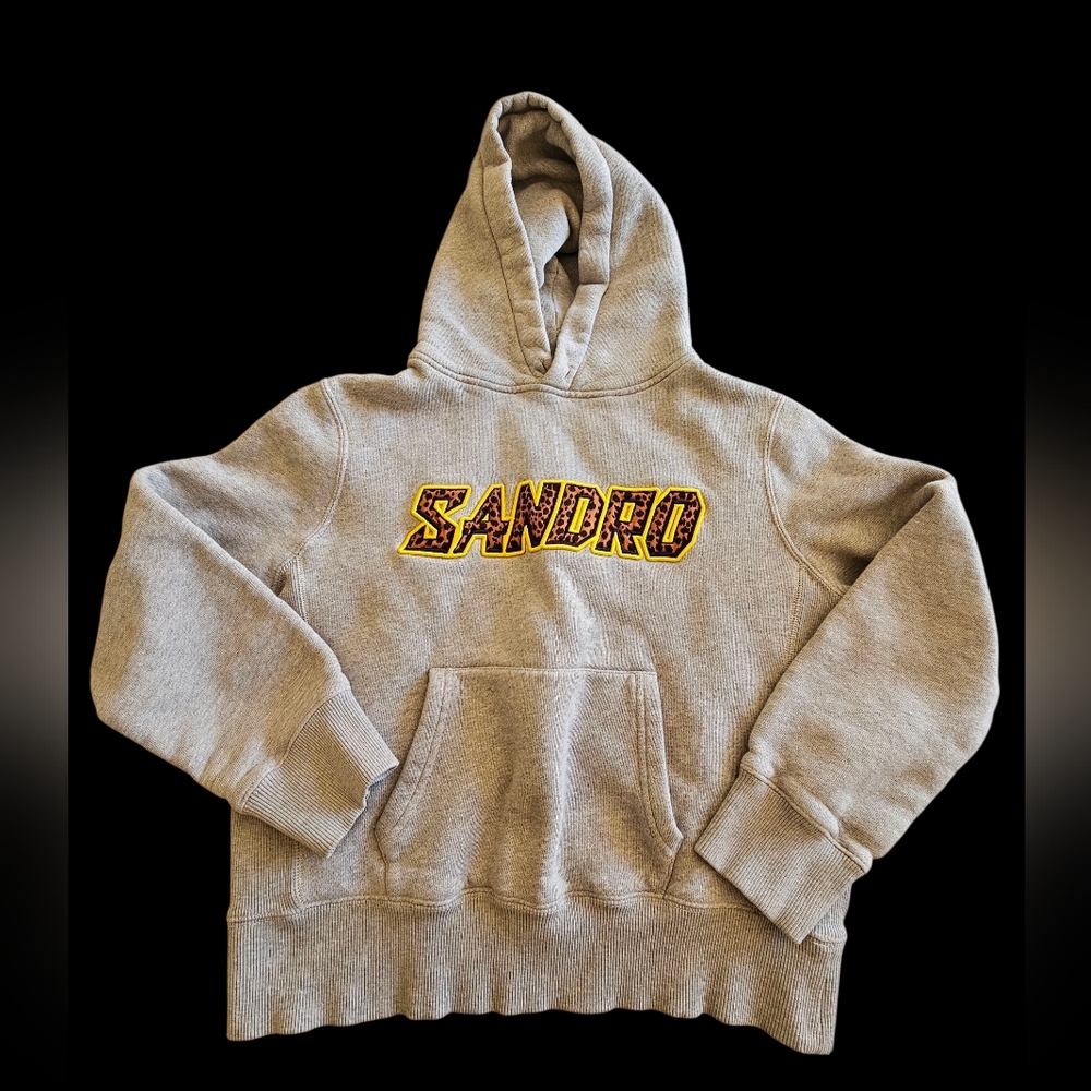 Sandro Leopard Accent Front Logo 100% Cotton Smart Casual Gray Hoodie Sz S-M